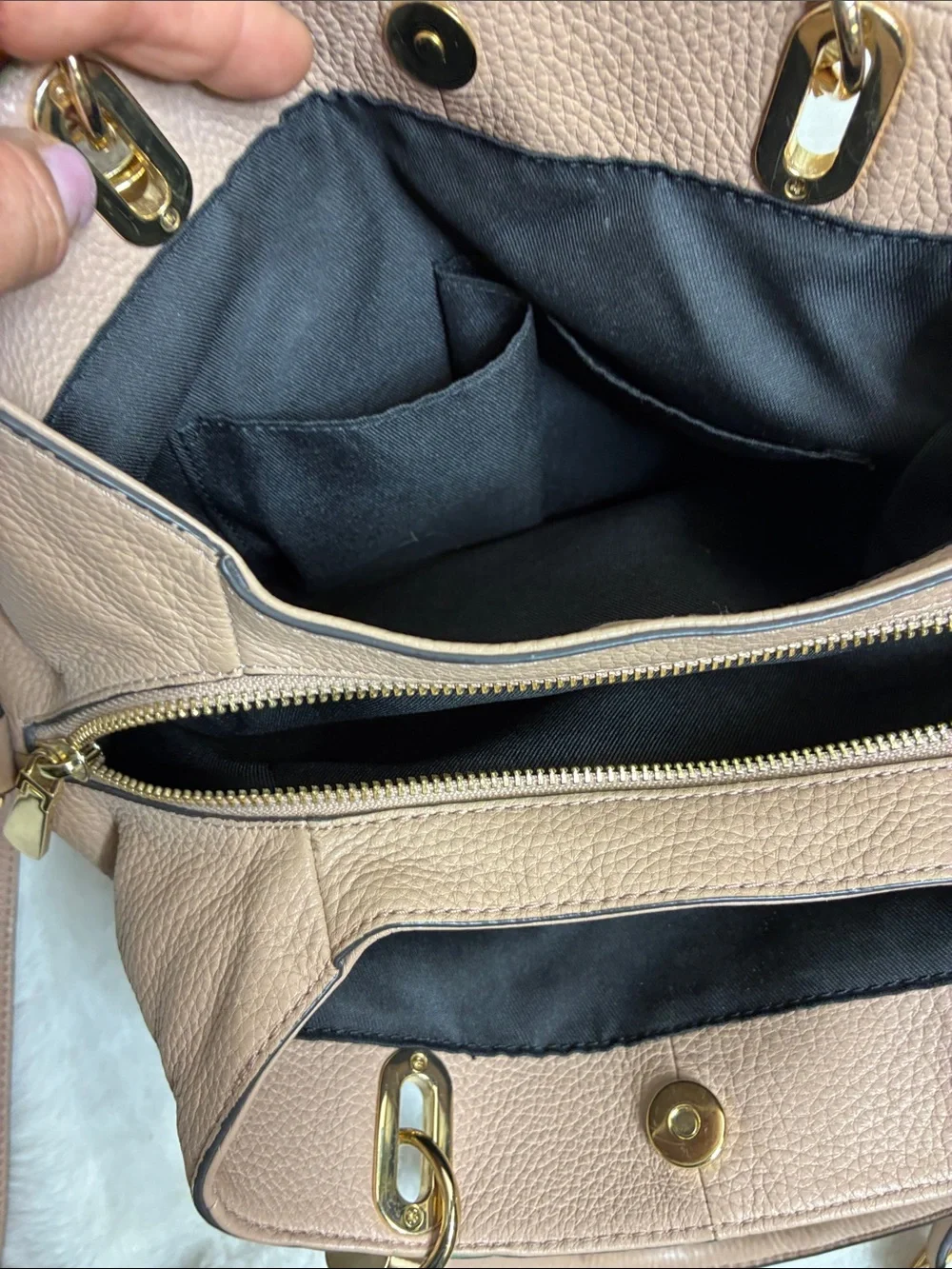 Vince Camuto Pebbled Leather Satchel in Dusty Taupe with Tassel